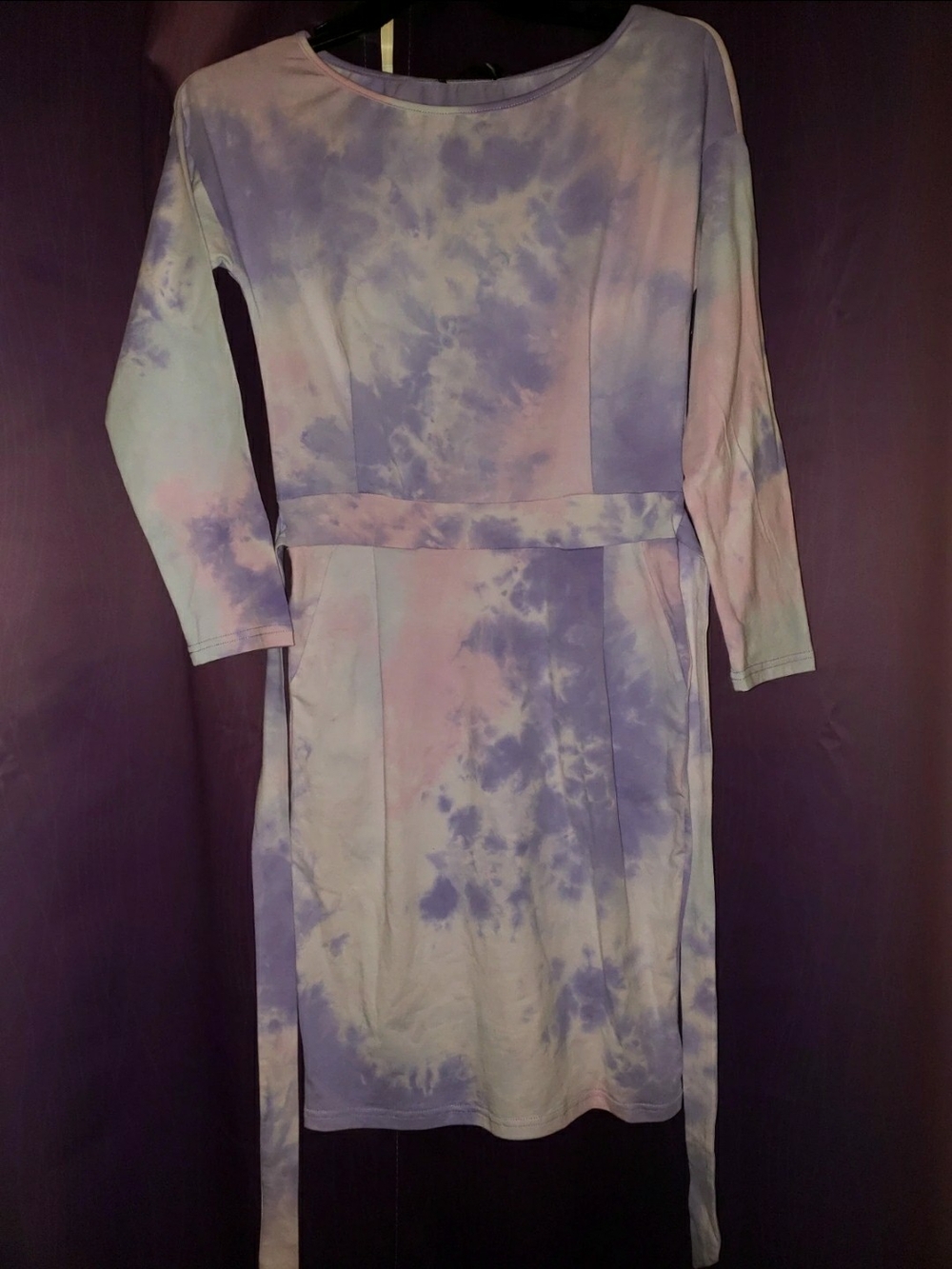 Long-Sleeve Pastel Tie-Dye Sheath Dress with Waist Tie